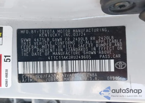 2024 Toyota Camry Le from USA, damaged, VIN 4T1C11AK3RU249605